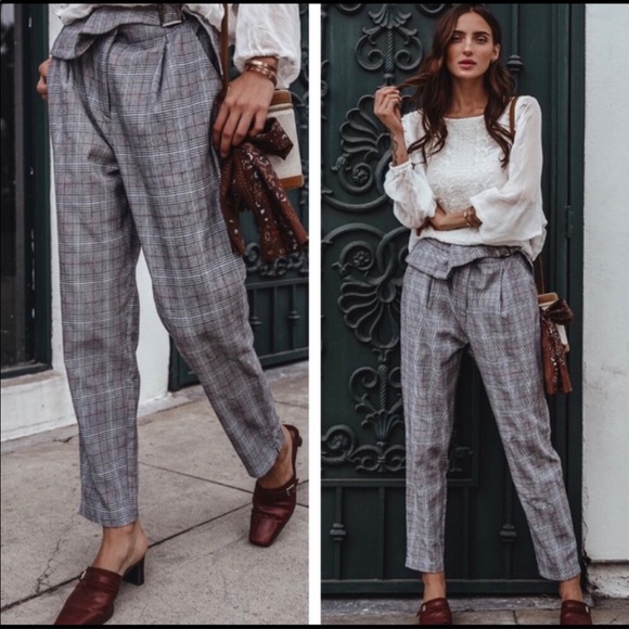 Private Label Pants - NEW Plaid Pin Striped Fold Over Paper Bag Trouser Pants